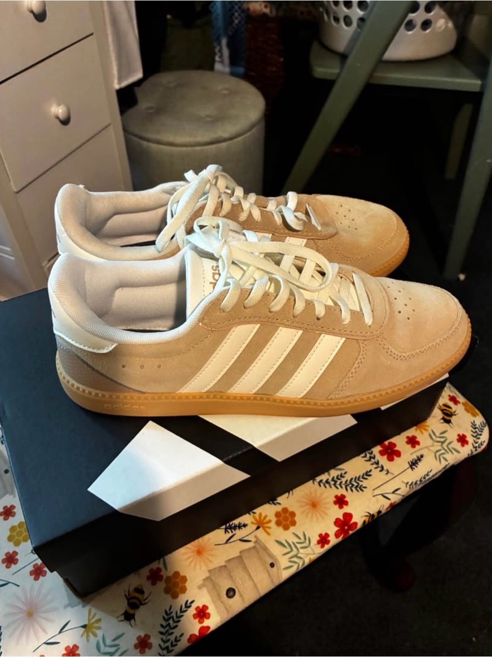 adidas Women’s Tan Suede Sneakers with White Stripes